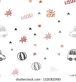 Light Red vector seamless pattern in christmas style. Shining illustration with a toy car, baloon, candy, star, ball. Design for colorful commercials.