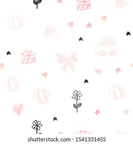Light Red vector seamless pattern with christmas toys. Illustration with a gradient toy car, heart, baloon, tulip, candy, ball. Design for colorful commercials.