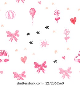 Light Red vector seamless template with carnival elements. Shining illustration with a toy car, heart, baloon, tulip, candy, ball. Pattern for new year ads.