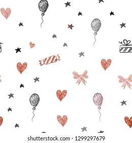 Light Red vector seamless template in carnival style. Abstract illustration with aheart, baloon, candy, gift, star, ribbon. Design for holiday adverts.