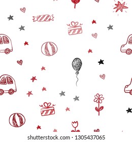 Light Red vector seamless template with carnival elements. Illustration with a gradient toy car, heart, baloon, tulip, candy, ball. Pattern for new year ads.