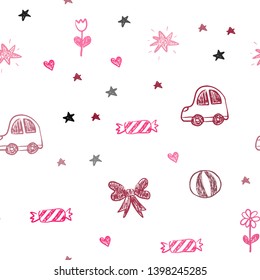 Light Red vector seamless template with carnival elements. Abstract illustration with a toy car, heart, baloon, tulip, candy, ball. Design for colorful commercials.