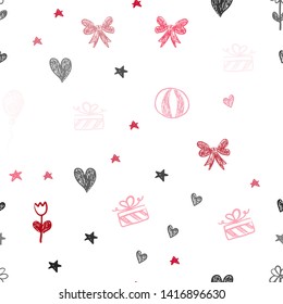 Light Red vector seamless template in carnival style. Design in xmas style with aheart, baloon, candy, gift, star, ribbon. Pattern for birthday gifts. Light Red vector seamless template in carnival style. Design in xmas style with aheart, baloon, candy, gift, star, ribbon. Pattern for birthday gifts.