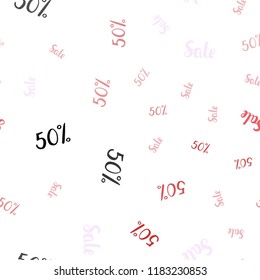 Light Red vector seamless texture with selling prices 50 %. Illustration with signs of sales on abstract template. Template for season sales, shopping ads.