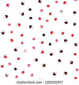 Light Red vector seamless texture with coffee beans, mugs. Glitter abstract backdrop with gradient mugs, coffee grains. Template of a black hot beverage in a cafe.