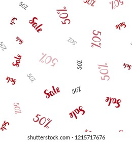 Light Red vector seamless texture with selling prices 50 %. Shining colorful illustration with isolated selling prices. Template for season sales, shopping ads.