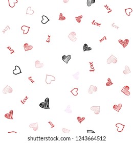 Light Red vector seamless texture with words LOVE YOU, hearts. Illustration with phrase LOVE YOU, hearts for valentine's day. Texture for window blinds, curtains.