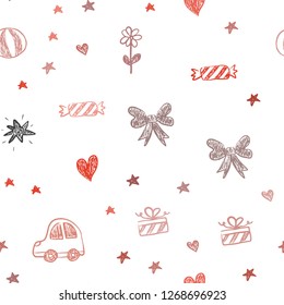 Light Red vector seamless texture with birthday gifts. Shining illustration with a toy car, heart, baloon, tulip, candy, ball. Design for colorful commercials.