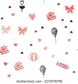 Light Red vector seamless texture in birthday style. Shining illustration with aheart, baloon, candy, gift, star, ribbon. Pattern for carnival, festival ads.