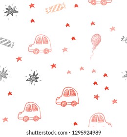 Light Red vector seamless texture in birthday style. Shining illustration with a toy car, baloon, candy, star, ball. Pattern for birthday gifts.
