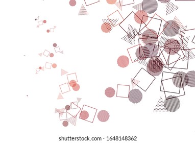 Plantilla vectorial de color rojo claro con cristales, círculos, cuadrados. Ilustración con un conjunto de círculos coloridos, triángulos, cuadrados. Mejor diseño para afiche, pancarta.