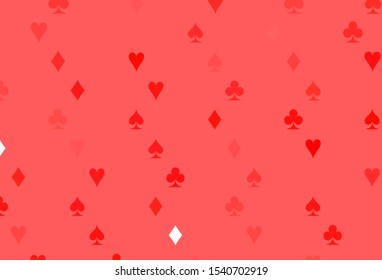 Light Red vector template with poker symbols. Blurred decorative design of hearts, spades, clubs, diamonds. Design for ad, poster, banner of gambling websites.