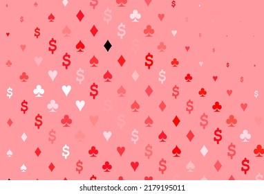 Light red vector template with poker symbols. Shining illustration with hearts, spades, clubs, diamonds. Pattern for leaflets of poker games, events.