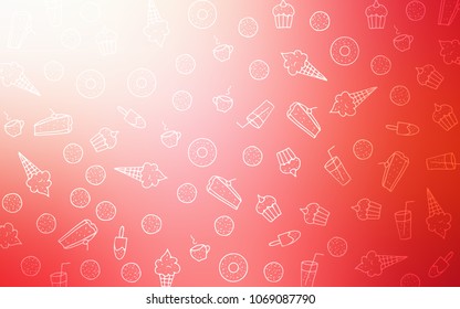 Light Red vector template with sweet snacks. Glitter abstract sketch with sweets, candies, desserts. Doodle design for your business advert of cafes.
