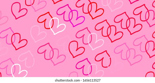 Textura vectorial de color rojo claro con corazones encantadores. Corazones sobre fondo abstracto borroso con gradiente colorido. Patrón de carnaval, volantes románticos del festival.