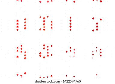 Light Red vector texture with playing cards. Illustration with set of hearts, spades, clubs, diamonds. Design for ad, poster, banner of gambling websites.