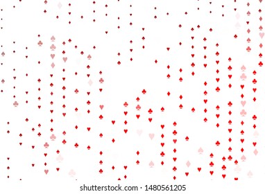 Light Red vector texture with playing cards. Illustration with set of hearts, spades, clubs, diamonds. Pattern for ads of parties, events in Vegas.