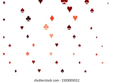 Light Red vector texture with playing cards. Shining illustration with hearts, spades, clubs, diamonds. Pattern for leaflets of poker games, events.