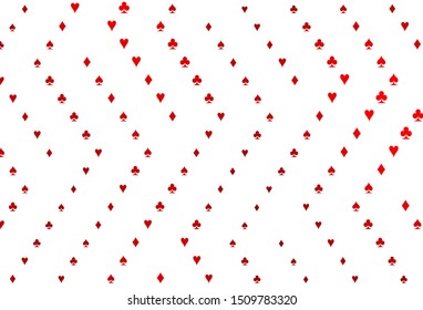 Light Red vector texture with playing cards. Colorful gradient with signs of hearts, spades, clubs, diamonds. Pattern for ads of parties, events in Vegas.