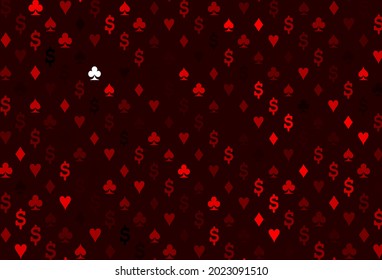 Light red vector texture with playing cards. Shining illustration with hearts, spades, clubs, diamonds. Template for business cards of casinos.