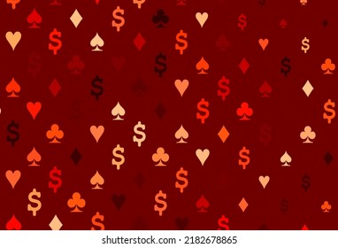 Light red vector texture with playing cards. Blurred decorative design of hearts, spades, clubs, diamonds. Template for business cards of casinos.