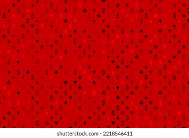 Light red vector texture with playing cards. Blurred decorative design of hearts, spades, clubs, diamonds. Template for business cards of casinos.