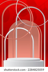 Light red, red and white cylinder pedestal podium. Abstract stage showcase. Mockup product display for presentation. minimal vector geometric forms, empty room scene.