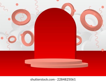 Light red, red and white cylinder pedestal podium. Abstract stage showcase. Mockup product display for presentation. minimal vector geometric forms, empty room scene.