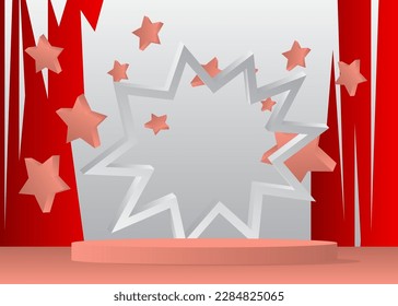 Light red, red and white cylinder pedestal podium. Abstract stage showcase. Mockup product display for presentation. minimal vector geometric forms, empty room scene.