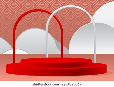 Light red, red and white cylinder pedestal podium. Abstract stage showcase. Mockup product display for presentation. minimal vector geometric forms, empty room scene.