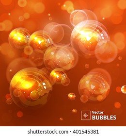 Light red and yellow blur background with bubbles. Holiday abstract background with bokeh and bright lights. Vector illustration