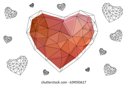 Light Red, Yellow vector abstract Triangle Geometrical Heart on white polygonal background. Happy Valentine's Day Greeting Card. Stock template for your design.