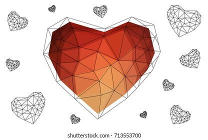 Light Red, Yellow vector abstract glitter heart shape on white background in love concept for valentine's day with sweet and romantic moment. Polygonal design for your business.