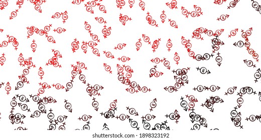 Light Red, Yellow vector backdrop with woman's power symbols. Illustration with signs of women's strength and power. Design for International Women’s Day.