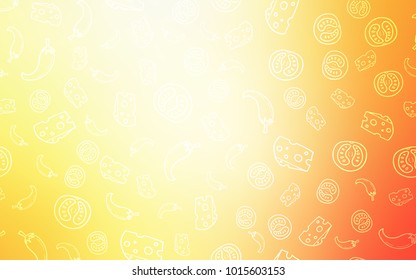 Light Red, Yellow vector background with tasty food. Fast Food on blurred abstract background with colorful gradient. Pattern for ads of breakfast, lunch, dinner.