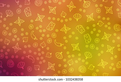 Light Red, Yellow vector background with tasty food. Blurred decorative design of snacks in doodle style. Pattern for ads of breakfast, lunch, dinner.
