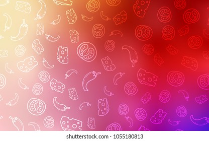 Light Red, Yellow vector background with tasty food. Blurred decorative design of snacks in doodle style. Template for meal cooking in kitchen.