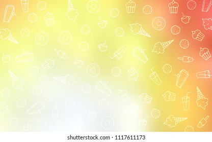 Light Red, Yellow vector background with tasty sweets. Confections on blurred abstract background with colorful gradient. Design for ad, poster, banner of cafes or restaurants.