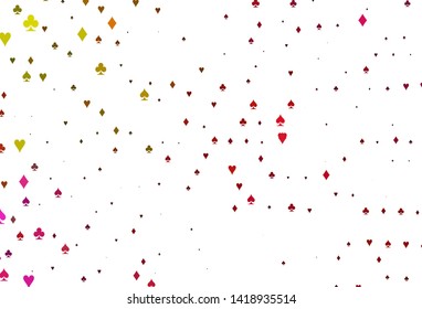Light Red, Yellow vector background with cards signs. Colored illustration with hearts, spades, clubs, diamonds. Pattern for ads of parties, events in Vegas.