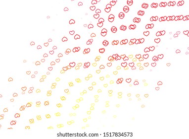 Light Red, Yellow vector background with Shining hearts. Blurred decorative design in doodle style with hearts. Template for Valentine's greeting postcards.