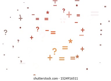 Light Red, Yellow vector background with arithmetic signs. Abstract illustration with colored algebra signs. Smart design for university advert.