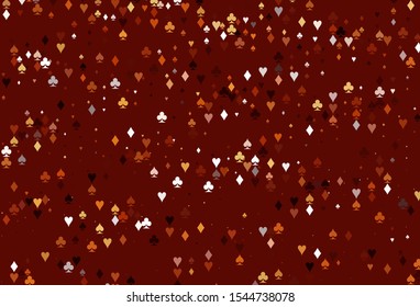 Light Red, Yellow vector background with cards signs. Colorful gradient with signs of hearts, spades, clubs, diamonds. Smart design for your business advert of casinos.
