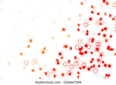Light Red, Yellow vector background with colorful stars, suns. Stars, suns on blurred abstract background with gradient. Pattern for futuristic ad, booklets.