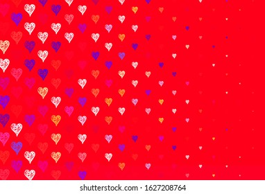 Light Red, Yellow vector background with hearts. Illustration with shapes of gradient hearts on blur backdrop. Design for celebrating of Valentine Day.