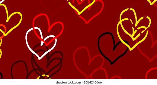 Light Red, Yellow vector background with hearts. Beautiful colored illustration with hearts in celebration style. Pattern for carnival, festival romantic leaflets.