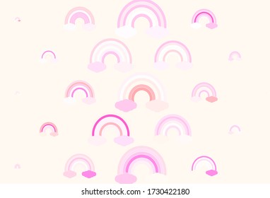 Light Red, Yellow vector background with rainbow symbols. Decorative illustration with rainbow, cloud shapes. Simple design for coloring books.