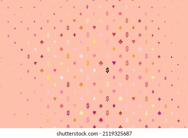 Light red, yellow vector background with cards signs. Illustration with set of hearts, spades, clubs, diamonds. Pattern for leaflets of poker games, events.