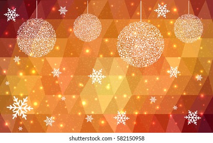 Light red, yellow vector christmas polygon background. Low poly Illustration consisting of triangles with snowflakes. Texture background of New Year celebration.