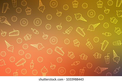 Light Red, Yellow vector cover with set of confections. Confections on blurred abstract background with colorful gradient. Pattern for ad, booklets, leaflets of restaurants.