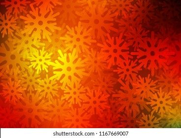 Light Red, Yellow vector cover with beautiful snowflakes. Snow on blurred abstract background with gradient. The pattern can be used for new year leaflets.